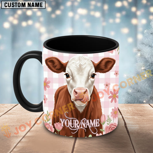 Joycorners Brown and White Heaford Cow Pink Plaid Flowers Personalized Mug
