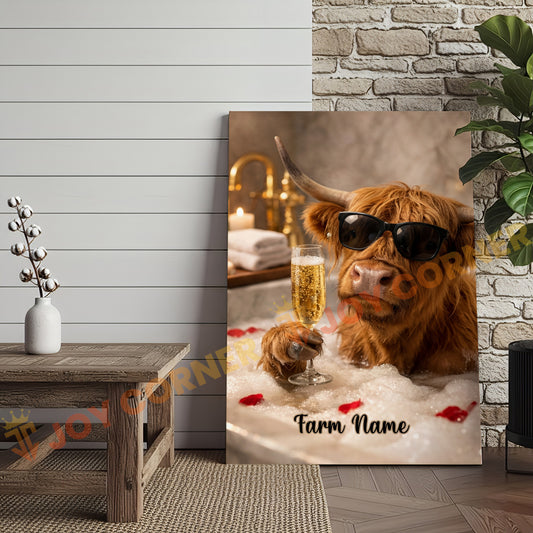 Joycorners Cattle Cow Funny Highland Cow Taking Bubble Bath With Champagne Personalized Name Canvas