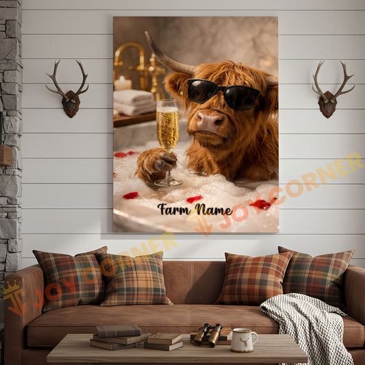 Joycorners Cattle Cow Funny Highland Cow Taking Bubble Bath With Champagne Personalized Name Canvas