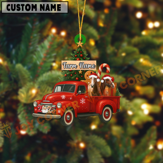 Joycorners Personalized Horse Ornament – Red Christmas Truck & Farm Name Custom Shape Acrylic Ornament