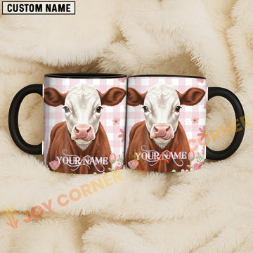 Joycorners Brown and White Heaford Cow Pink Plaid Flowers Personalized Mug