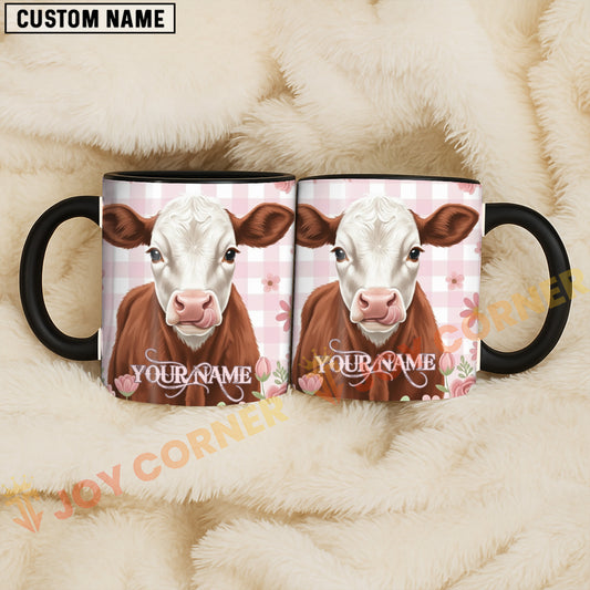 Joycorners Brown and White Heaford Cow Pink Plaid Flowers Personalized Mug