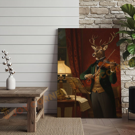 Joycorners Deer Violinist Performing Classical Music in Elegant Vintage Room Wrapped Canvas Wall Art