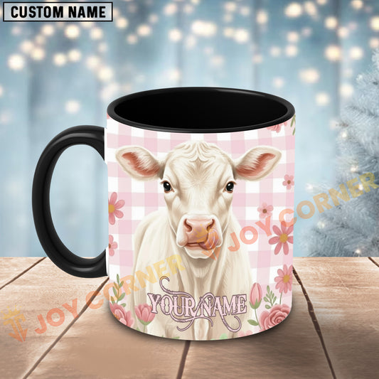 Joycorners White Charolais Cow Pink Plaid Flowers Custom Name Mug