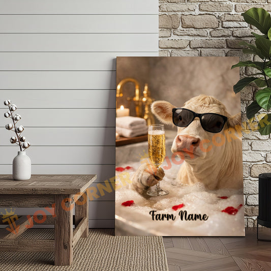 Joycorners Cattle Cow Funny Charolais Cow Taking Bubble Bath With Champagne Personalized Name Canvas