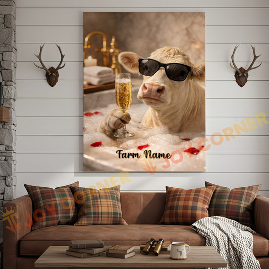 Joycorners Cattle Cow Funny Charolais Cow Taking Bubble Bath With Champagne Personalized Name Canvas