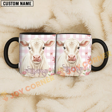 Joycorners White Charolais Cow Pink Plaid Flowers Custom Name Mug