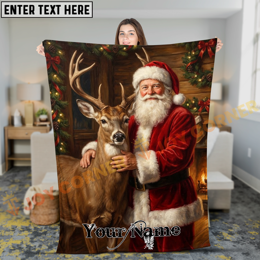 Joycorners Festive Santa Claus and Whitetail Deer Portrait Fireplace Personalized 3D Blanket