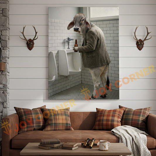 Joycorner Brahman Cow Bathroom Urinal Beer Funny Scene 3D Wrapped Canvas