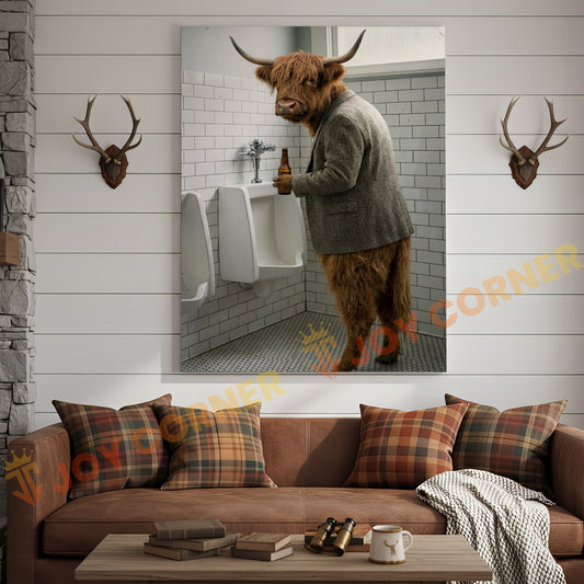 Joycorner Highland Cow Bathroom Urinal Beer Funny Scene 3D Wrapped Canvas