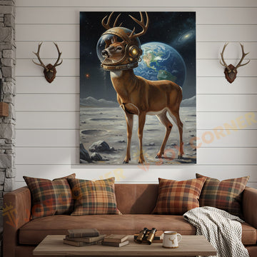 Joycorners Astronaut Deer Standing on the Moon with Earth in Background Wrapped Canvas Wall Art