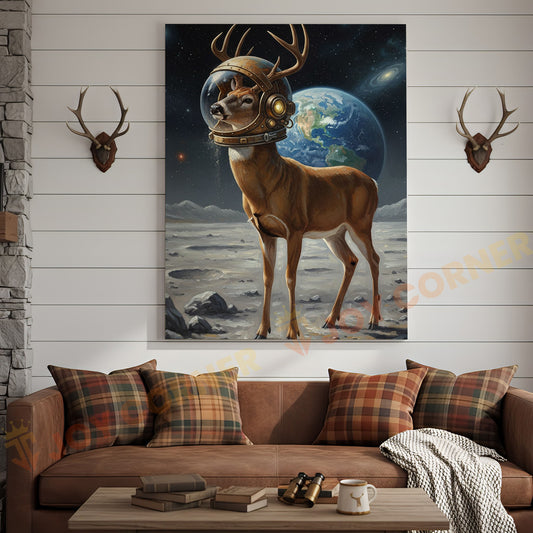 Joycorners Astronaut Deer Standing on the Moon with Earth in Background Wrapped Canvas Wall Art