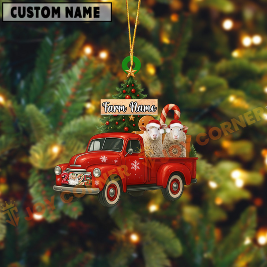 Joycorners Personalized Sheep Ornament – Red Christmas Truck & Farm Name Custom Shape Acrylic Ornament
