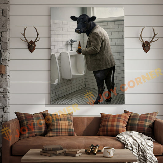 Joycorner Black Angus Cow Bathroom Urinal Beer Funny Scene 3D Wrapped Canvas