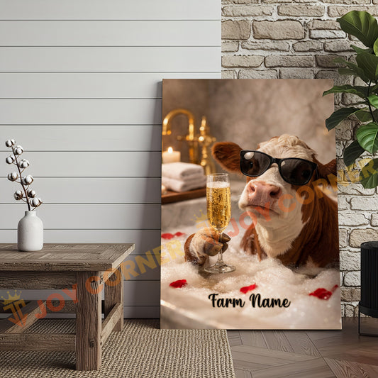 Joycorners Cattle Cow Funny Hereford Cow Taking Bubble Bath With Champagne Personalized Name Canvas