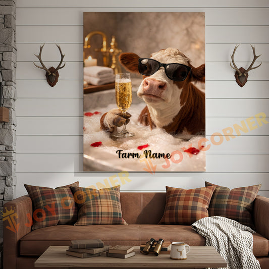 Joycorners Cattle Cow Funny Hereford Cow Taking Bubble Bath With Champagne Personalized Name Canvas