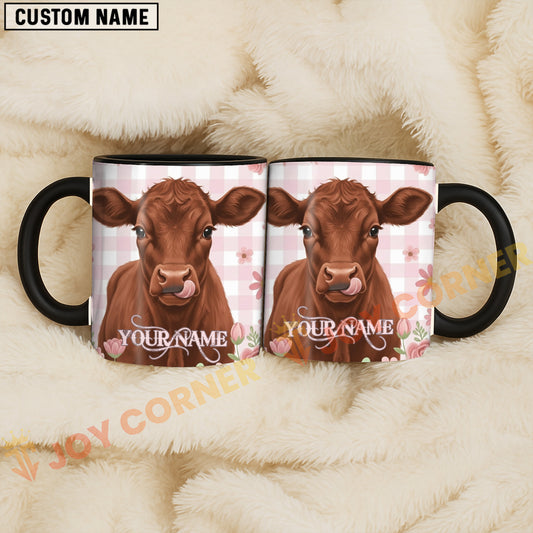 Joycorners Red Angus Cow Pink Plaid Flowers Personalized Mug