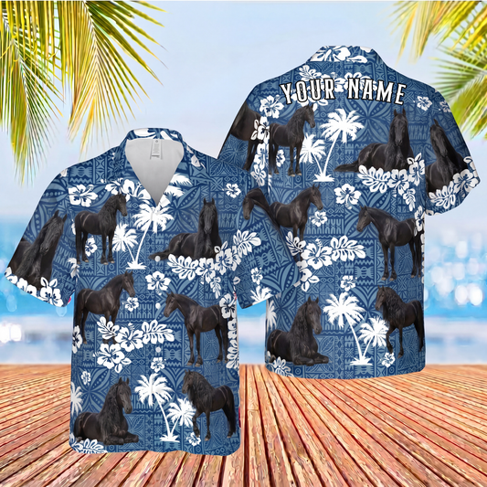 Joycorners Friesian Horse Custom Name Blue Tribal Palm Tree 3D Hawaiian Shirt