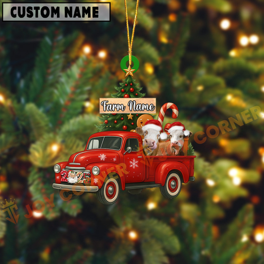 Joycorners Personalized Simmental Ornament – Red Christmas Truck & Farm Name Custom Shape Acrylic Ornament