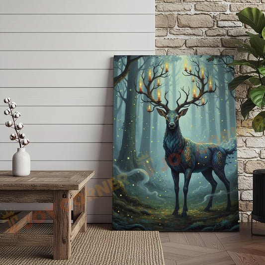Joycorners Magical Blue Deer with Glowing Antlers and Forest Fireflies Wrapped Canvas Wall Art