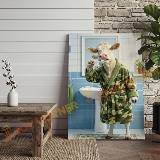 Joycorner Charolais Cow Brushing Teeth Morning Bathroom 3D Wrapped Canvas