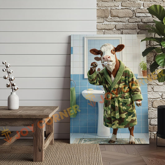 Joycorner Hereford Cow Brushing Teeth Morning Bathroom 3D Wrapped Canvas