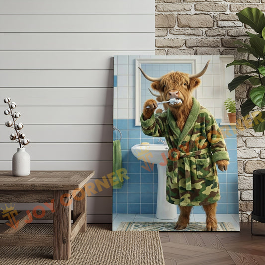 Joycorner Highland Cow Brushing Teeth Morning Bathroom 3D Wrapped Canvas
