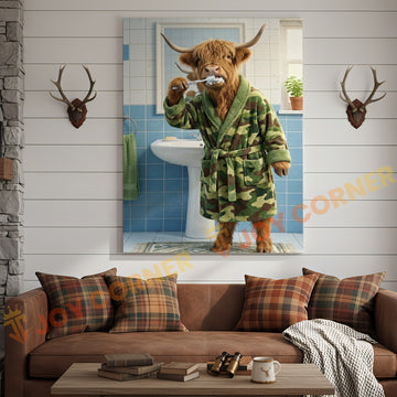 Joycorner Highland Cow Brushing Teeth Morning Bathroom 3D Wrapped Canvas