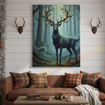 Joycorners Magical Blue Deer with Glowing Antlers and Forest Fireflies Wrapped Canvas Wall Art