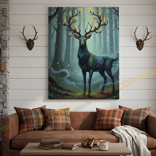 Joycorners Magical Blue Deer with Glowing Antlers and Forest Fireflies Wrapped Canvas Wall Art