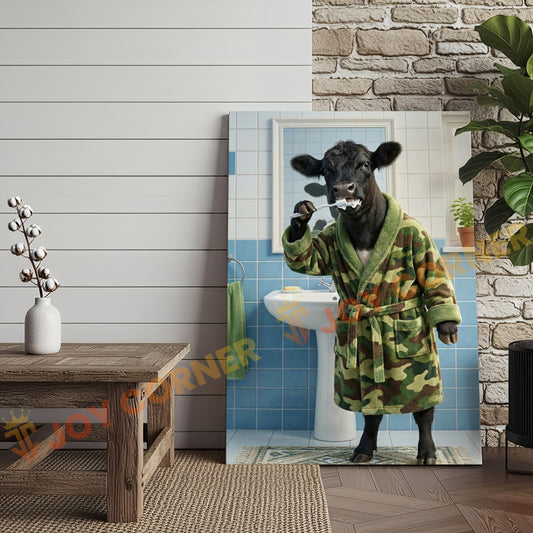 Joycorner Belted Galloway Cow Brushing Teeth Morning Bathroom 3D Wrapped Canvas