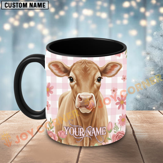 Joycorners Light Brown Jersey Calf Pink Plaid Flowers Custom Name Mug