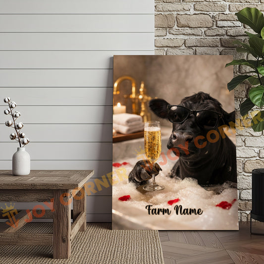 Joycorners Cattle Cow Funny Black Angus Cow Taking Bubble Bath With Champagne Personalized Name Canvas