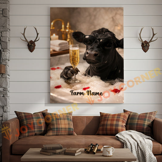 Joycorners Cattle Cow Funny Black Angus Cow Taking Bubble Bath With Champagne Personalized Name Canvas