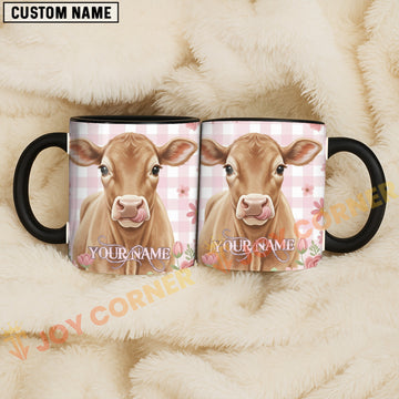 Joycorners Light Brown Jersey Calf Pink Plaid Flowers Custom Name Mug