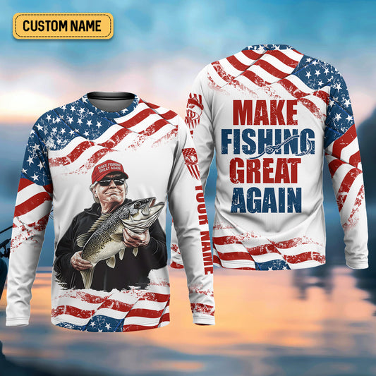 Joycorners Make Fishing Great Again Patriotic Fishing Shirt, Red White Blue Fishing UPF Shirts, Men's Fishing Shirt