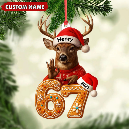 Joycorners Personalized Deer Christmas Ornament, 67 Gingerbread Number Decoration 2025, Funny Buck Birthday Holiday Tree Gift MT2411