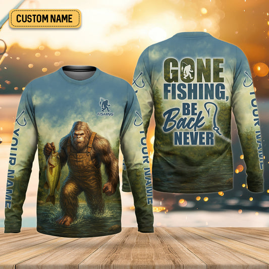 Joycorners Gone Fishing Be Back Never Sasquatch Fishing SPF Shirt, Performance Fishing Shirts, Men's Fishing Shirt