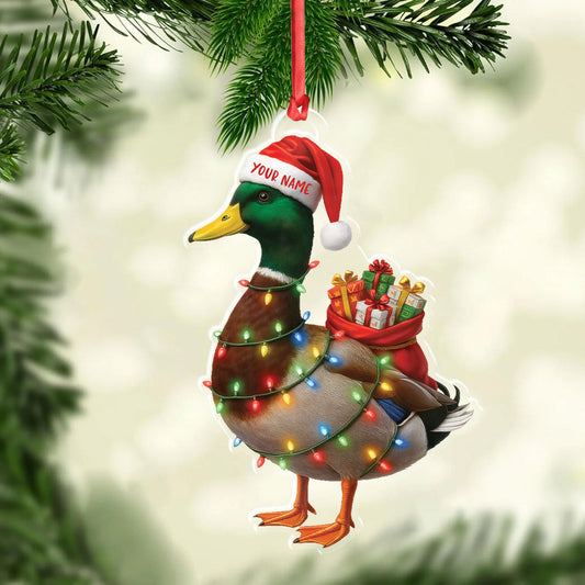 Joycorners Funny Christmas Duck Acrylic Ornament – Mallard Santa with Lights and Gifts, Personalized Holiday Decoration for Duck Lovers, Unique Hunter Christmas Gift MT1111