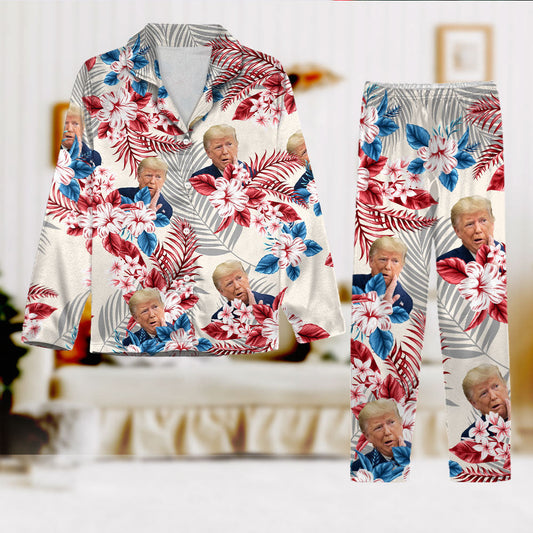 Joycorner Donald Trump Face With Hawaiian Pattern Pajamas Hawaiian Shirt