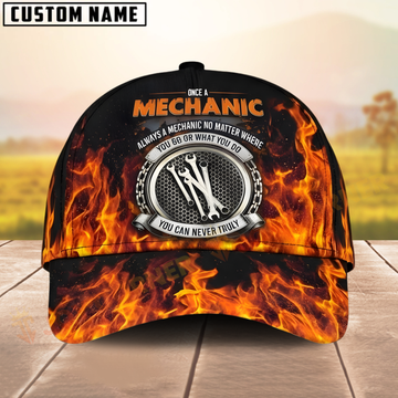 Joycorners Once a Mechanic 3D Cap – Full Flame Print, Wrench Emblem, Custom Name Garage Hat
