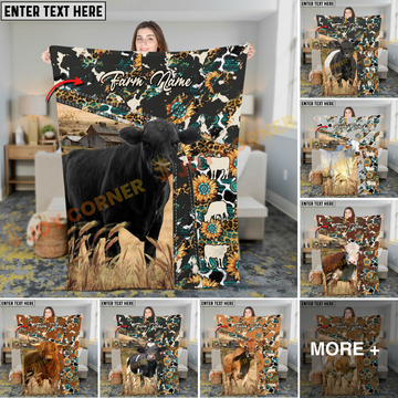 Joycorners Cattle Cow Sunflower Cowhide Farm Pattern Personalized Name 3D Blanket (10 Breeds)