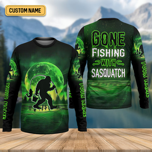 Joycorners Gone Fishing With Sasquatch Neon Green Color Funny Fishing Shirt, SPF Shirt For Men, Presents For Fishermen