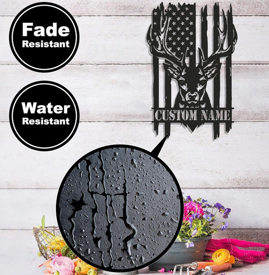 Maxcorners Personalized Vertical American Flag Deer Hunting Metal Sign WITH LED/WITHOUT LED Light Rustic Lodge Wall Decor MT0110