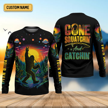 Joycorners Gone Squatchin And Catching Alien Bigfoot Funny Fishing Shirt, SPF Shirt For Men, Fishing Shirts For Men