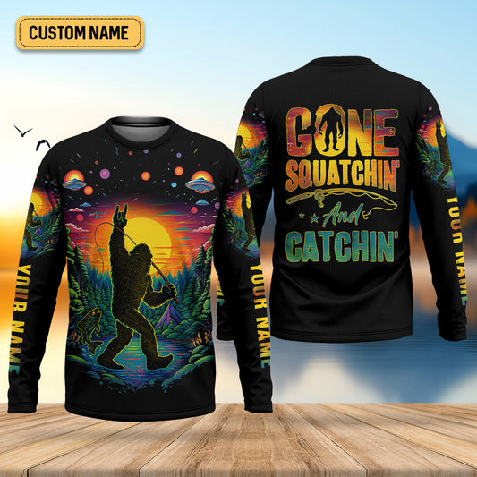 Joycorners Gone Squatchin And Catching Alien Bigfoot Funny Fishing Shirt, SPF Shirt For Men, Fishing Shirts For Men