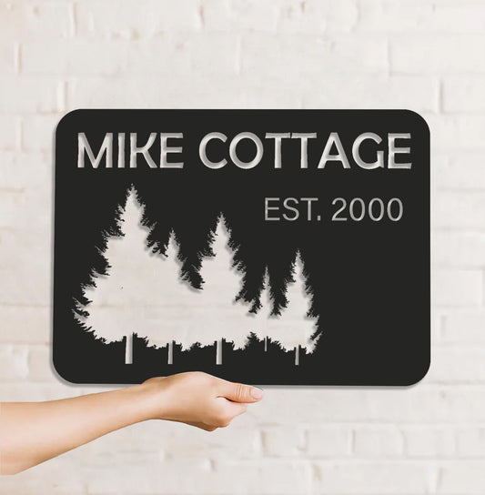 Maxcorners Personalized Forest Metal Sign WITH LED/WITHOUT LED - Rustic Cabin Name Sign With Pine Trees, Wall Art for Lodge & Home MT0110