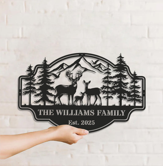 Maxcorners Personalized Deer Family Metal Sign WITH LED/WITHOUT LED - Rustic Cabin Wall Decor, Custom Name Hunting Lodge Sign MT0110