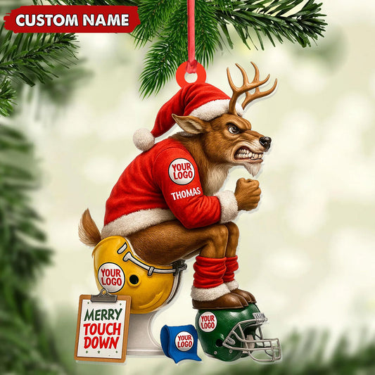 Joycorners Personalized Football Christmas Ornament, Custom Reindeer Santa Touchdown Decoration, Funny Custom Name Team Logo Gift MT2411
