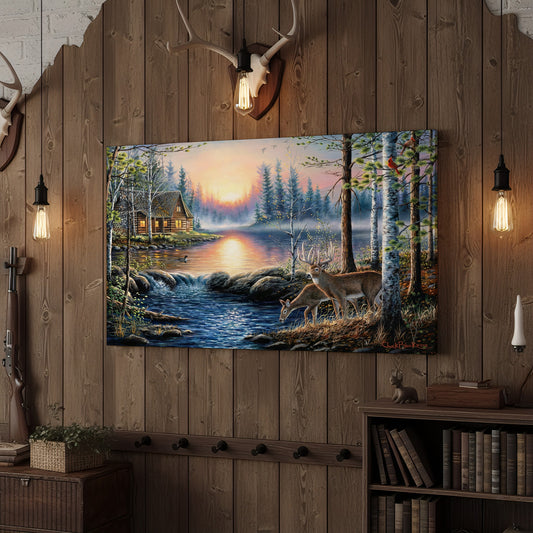 Joycorner Riverside Cabin Sunset Whitetail Deer Landscape Canvas